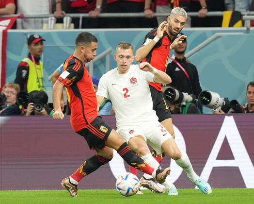 QAT, World Cup FIFA 2022, Group F, Belgium vs Canada 23 11 2022, Khalifa International Stadium, Doha, QAT, World Cup FIFA 2022, Group F, Belgium vs Canada, in picture Belgium s forward Eden Hazard , Canada s defender Alistair Johnston , Belgium s midfielder Yannick Carrasco nordphotoxGmbHx xBratic nph00250