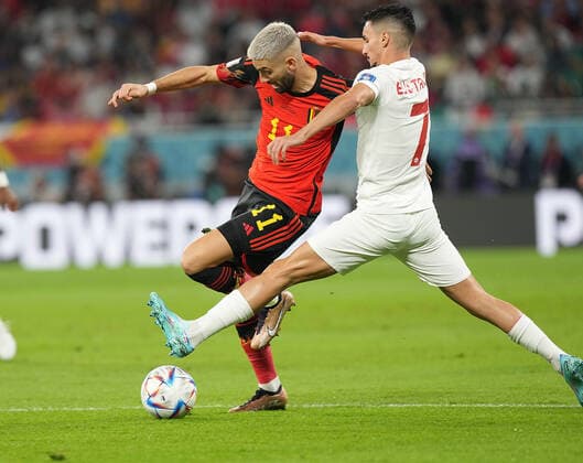 QAT, World Cup FIFA 2022, Group F, Belgium vs Canada 23 11 2022, Khalifa International Stadium, Doha, QAT, World Cup FIFA 2022, Group F, Belgium vs Canada, in picture Belgium s midfielder Yannick Carrasco , Canada s midfielder Stephen Eustaquio nordphotoxGmbHx xBratic nph00250