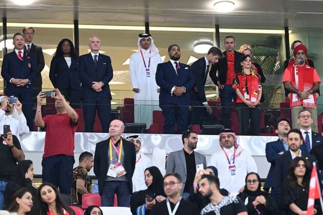 DOHA, QATAR - NOVEMBER 23 : Fifa president Gianni Infantino ,Van Den Bulck Paul President of Royal Belgian Football Federation and Belgian Minister of Foreign affaires Hadja Lahbib (MR) during the FIFA World Cup, WM, Weltmeisterschaft, Fussball Qatar 2022 Groupe F match between Belgium and Canada at the Ahmad Bin Ali Stadium on November 23, 2022 in Doha, Qatar, 23 11 2022 ( Belgium v Canada - FIFA World Cup Qatar 2022 PhotoNews Panoramic 