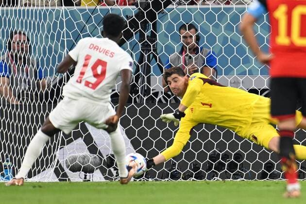 DOHA, QATAR - NOVEMBER 23 : Courtois Thibaut goalkeeper of Belgium stops a penalty of Davies Alphonso forward of Canada during the FIFA World Cup, WM, Weltmeisterschaft, Fussball Qatar 2022 Groupe F match between Belgium and Canada at the Ahmad Bin Ali Stadium on November 23, 2022 in Doha, Qatar, 23 11 2022 ( Belgium v Canada - FIFA World Cup Qatar 2022 PhotoNews Panoramic 