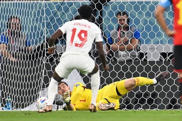 DOHA, QATAR - NOVEMBER 23 : Courtois Thibaut goalkeeper of Belgium stops a penalty of Davies Alphonso forward of Canada during the FIFA World Cup, WM, Weltmeisterschaft, Fussball Qatar 2022 Groupe F match between Belgium and Canada at the Ahmad Bin Ali Stadium on November 23, 2022 in Doha, Qatar, 23 11 2022 ( Belgium v Canada - FIFA World Cup Qatar 2022 PhotoNews Panoramic 
