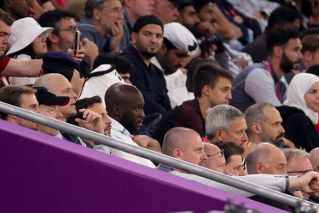 Belgium s Romelu Lukaku sits in the stands during a soccer game between Belgium s national team, Nationalteam the Red Devils and Canada, in Group F of the FIFA 2022 World Cup in Al Rayyan, State of Qatar on Wednesday 23 November 2022. VIRGINIExLEFOUR  x53208037x
