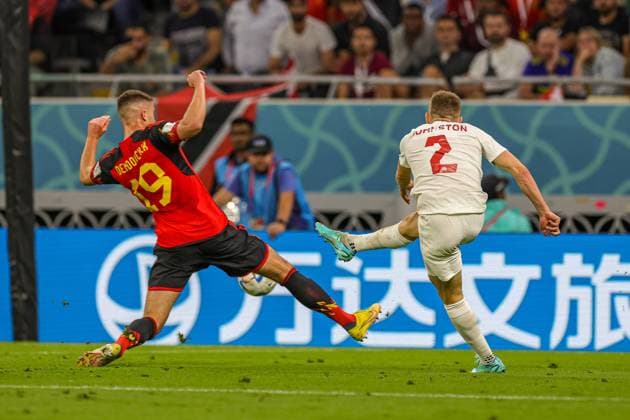 Belgium v Canada 2022 FIFA World Cup, WM, Weltmeisterschaft, Fussball 23 11 2022. Match Nine Alistair Johnston (2) of Canada shoots towards the goal during the 2022 Fifa World Cup match between Belgium and Canada at Ahmad bin Ali Stadium, Al Rayyan, Qatar on 23 November 2022. Editorial use only , Copyright: xNigelxKeenex PSI-16406-0020