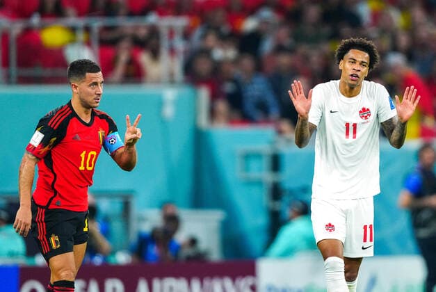 Mandatory Credit: Photo by Javier Garcia Shutterstock (13626489y) Captain Eden Hazard of Belgium looks to the referee after being fouled twice by Tajon Buchanan of Canada Belgium v Canada, FIFA World Cup, WM, Weltmeisterschaft, Fussball 2022, Group F, Football, Ahmad Bin Ali Stadium, Ar-Rayyan, Qatar - 23 Nov 2022 Editorial Use Only Belgium v Canada, FIFA World Cup 2022, Group F, Football, Ahmad Bin Ali Stadium, Ar-Rayyan, Qatar - 23 Nov 2022 Editorial Use Only Copyright: xJavierxGarcia Shutterstockx 13626489y