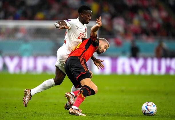 Mandatory Credit: Photo by Dave Shopland Shutterstock (13626494am) Yannick Ferreira Carrasco of Belgium and Richie Laryea of Canada Belgium v Canada, FIFA World Cup, WM, Weltmeisterschaft, Fussball 2022, Group F, Football, Ahmad Bin Ali Stadium, Ar-Rayyan, Qatar - 23 Nov 2022 Editorial Use Only Belgium v Canada, FIFA World Cup 2022, Group F, Football, Ahmad Bin Ali Stadium, Ar-Rayyan, Qatar - 23 Nov 2022 Editorial Use Only Copyright: xDavexShopland Shutterstockx 13626494am