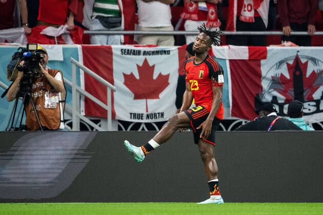 221123 Michy Batshuayi of Belgium celebrates after 1 0 during the FIFA World Cup 2022 football match between Belgium and Canada on November 23, 2022 in Doha Photo Joel Marklund BILDBYRAN code JM JM0385 bbeng football football soccer fotball world cup football world cup football world cup 2022 fifa world cup 2022 belgium belgium canada canada cheers,  Copyright: JOELxMARKLUND BB221123JM134