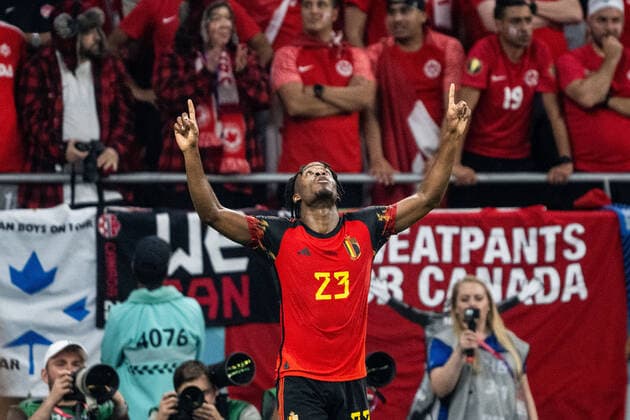 221123 Michy Batshuayi of Belgium celebrates after 1 0 during the FIFA World Cup 2022 football match between Belgium and Canada on November 23, 2022 in Doha Photo Joel Marklund BILDBYRAN code JM JM0385 bbeng football football soccer fotball world cup football world cup football world cup 2022 fifa world cup 2022 belgium belgium canada canada cheers,  Copyright: JOELxMARKLUND BB221123JM135