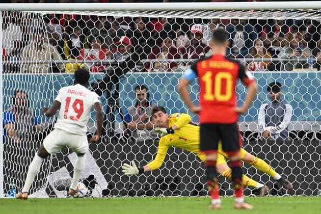 DOHA, QATAR - NOVEMBER 23 : Courtois Thibaut goalkeeper of Belgium stops a penalty of Davies Alphonso forward of Canada during the FIFA World Cup, WM, Weltmeisterschaft, Fussball Qatar 2022 Groupe F match between Belgium and Canada at the Ahmad Bin Ali Stadium on November 23, 2022 in Doha, Qatar, 23 11 2022 ( Belgium v Canada - FIFA World Cup Qatar 2022 PhotoNews Panoramic 