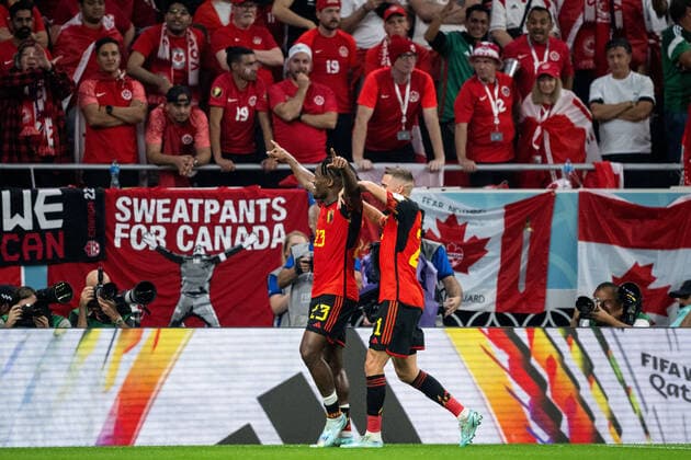 221123 Michy Batshuayi of Belgium celebrates with Timothy Castagne after 1 0 during the FIFA World Cup 2022 football match between Belgium and Canada on November 23, 2022 in Doha Photo Joel Marklund BILDBYRAN code JM JM0385 bbeng football football soccer fotball world cup football world cup football world cup 2022 fifa world cup 2022 belgium belgium canada canada jubilation,  Copyright: JOELxMARKLUND BB221123JM136