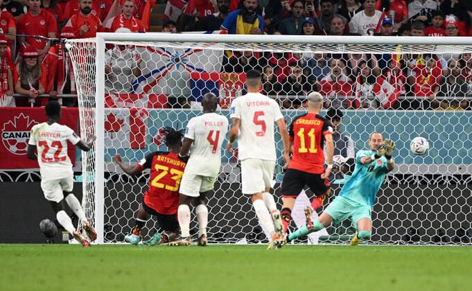 Football, Men, 2022 23 season, World Cup in Qatar, Group F 1 matchday , Belgium Canada at Ahmed bin Ali Stadium in Ar Rayyan, v l Michy Batshuayi Belgium scores the goal to 1 0 against Richie Laryea Canada , Kamal Miller Canada , Steven Vitoria Canada and goalkeeper Milan Borjan Canada , 23 11 2022, Copyright: xMatthiasxKochx