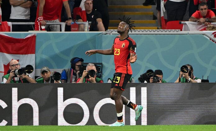Football, Men, 2022 23 season, World Cup in Qatar, Group F 1 matchday , Belgium Canada at Ahmed bin Ali Stadium in Ar Rayyan, Michy Batshuayi Belgium , cheering after scoring 1 0, 23 11 2022, Copyright: xMatthiasxKochx