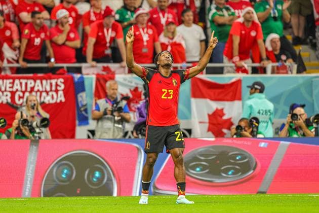 Belgium v Canada 2022 FIFA World Cup, WM, Weltmeisterschaft, Fussball 23 11 2022. Match Nine Goal 1-0 Michy Batshuayi (23) of Belgium scores a goal and celebrates during the 2022 Fifa World Cup match between Belgium and Canada at Ahmad bin Ali Stadium, Al Rayyan, Qatar on 23 November 2022. Editorial use only , Copyright: xNigelxKeenex PSI-16406-0031