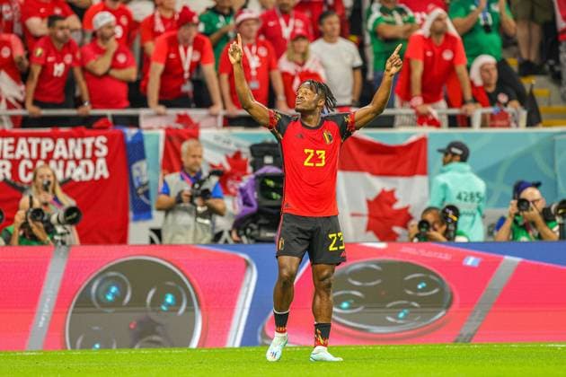 Belgium v Canada 2022 FIFA World Cup, WM, Weltmeisterschaft, Fussball 23 11 2022. Match Nine Goal 1-0 Michy Batshuayi (23) of Belgium scores a goal and celebrates during the 2022 Fifa World Cup match between Belgium and Canada at Ahmad bin Ali Stadium, Al Rayyan, Qatar on 23 November 2022. Editorial use only , Copyright: xNigelxKeenex PSI-16406-0032