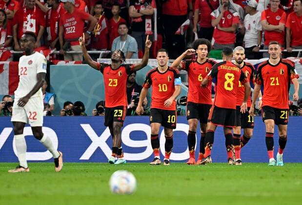 DOHA, QATAR - NOVEMBER 23 : Batshuayi Michy forward of Belgium celebrates scoring a goal during the FIFA World Cup, WM, Weltmeisterschaft, Fussball Qatar 2022 Groupe F match between Belgium and Canada at the Ahmad Bin Ali Stadium on November 23, 2022 in Doha, Qatar, 23 11 2022 ( Belgium v Canada - FIFA World Cup Qatar 2022 PhotoNews Panoramic 