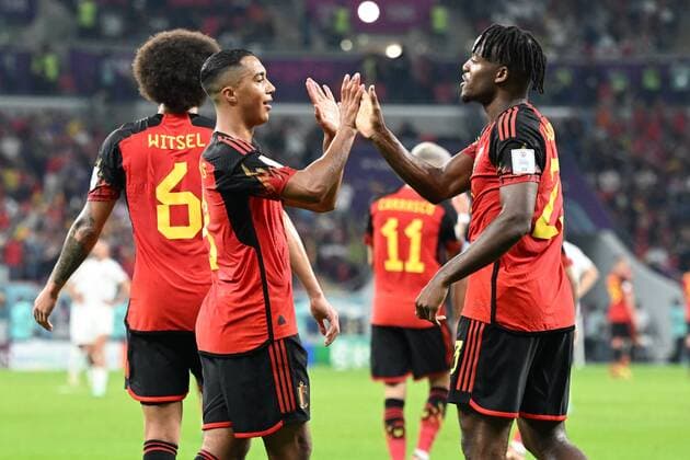 DOHA, QATAR - NOVEMBER 23 : Batshuayi Michy forward of Belgium celebrates scoring the opening goal with teammate Tielemans Youri midfielder of Belgium during the FIFA World Cup, WM, Weltmeisterschaft, Fussball Qatar 2022 Groupe F match between Belgium and Canada at the Ahmad Bin Ali Stadium on November 23, 2022 in Doha, Qatar, 23 11 2022 ( Belgium v Canada - FIFA World Cup Qatar 2022 PhotoNews Panoramic 