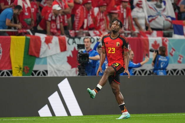 QAT, World Cup FIFA 2022, Group F, Belgium vs Canada 23 11 2022, Khalifa International Stadium, Doha, QAT, World Cup FIFA 2022, Group F, Belgium vs Canada, in picture Belgium s forward Michy Batshuayi is happy about the goal to 1 0 nordphotoxGmbHx xBratic nph00250