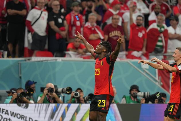 QAT, World Cup FIFA 2022, Group F, Belgium vs Canada 23 11 2022, Khalifa International Stadium, Doha, QAT, World Cup FIFA 2022, Group F, Belgium vs Canada, in picture Belgium s forward Michy Batshuayi is happy about the goal to 1 0 nordphotoxGmbHx xBratic nph00250