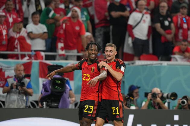 QAT, World Cup FIFA 2022, Group F, Belgium vs Canada 23 11 2022, Khalifa International Stadium, Doha, QAT, World Cup FIFA 2022, Group F, Belgium vs Canada, in picture Belgium s forward Michy Batshuayi is happy about the goal to 1 0 nordphotoxGmbHx xBratic nph00250