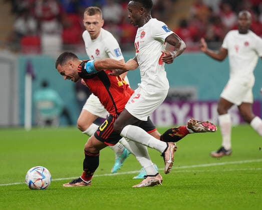 QAT, World Cup FIFA 2022, Group F, Belgium vs Canada 23 11 2022, Khalifa International Stadium, Doha, QAT, World Cup FIFA 2022, Group F, Belgium vs Canada, in picture Canada s defender Alistair Johnston , Belgium s forward Eden Hazard , Canada s defender Richie Laryea nordphotoxGmbHx xBratic nph00250