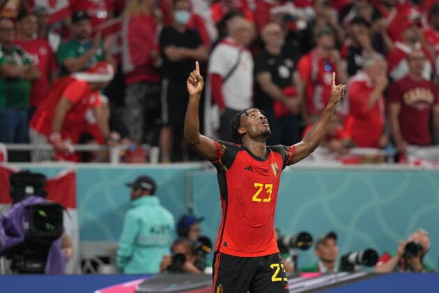 QAT, World Cup FIFA 2022, Group F, Belgium vs Canada 23 11 2022, Khalifa International Stadium, Doha, QAT, World Cup FIFA 2022, Group F, Belgium vs Canada, in picture Belgium s forward Michy Batshuayi is happy about the goal to 1 0 nordphotoxGmbHx xBratic nph00250