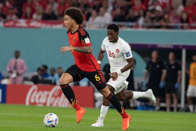 RECORD DATE NOT STATED FIFA World Cup, WM, Weltmeisterschaft, Fussball Qatar 2022 Belgium vs Canada (L-R), Axel Witsel of Belgium and Jonathan David of Canada during the game Belgium vs Canada, Corresponding to Group F of the FIFA World Cup Qatar 2022, at Ahmad bin Ali Stadium, Al-Rayyan, November 23, 2022. <br><br> (I-D), Axel Witsel de Belgica y Jonathan David de Canada durante el partido Belgica vs Canada, correspondiente al Grupo F de la Copa Mundial de la FIFA Qatar 2022, en el Estadio Ahmad bin Ali, Al-Rayyan, 23 de noviembre de 2022. AL RAYYAN DOHA QATAR Copyright: xDavidxLeahx 20221123_8203