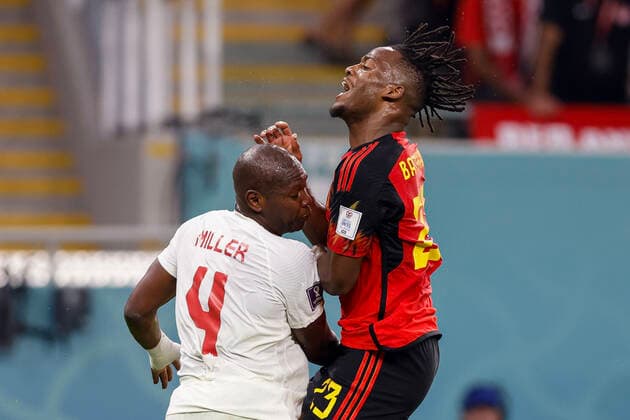 belgium vs canada AL-RAYYAN, AR - 23.11.2022: BELGIUM VS CANADA - MILLER Kamal of Canada disputes the ball with BATSHUAYI Michy of Belgium during the match between Belgium and Canada, valid for the first round of the group stage of the World Cup, held at the Ahmed bin Ali Stadium in Al-Rayyan, Qatar. (Photo: Marcelo Machado de Melo Fotoarena) x2297955x  MarceloxMachadoxdexMelo
