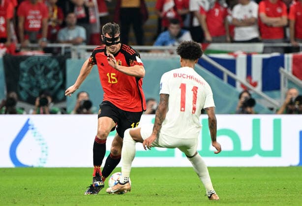 Football, Men, 2022 23 season, World Cup in Qatar, Group F 1 matchday , Belgium Canada at Ahmed bin Ali Stadium in Ar Rayyan, f l Thomas Meunier Belgium , Tajon Buchanan Canada , 23 11 2022, Copyright: xMatthiasxKochx