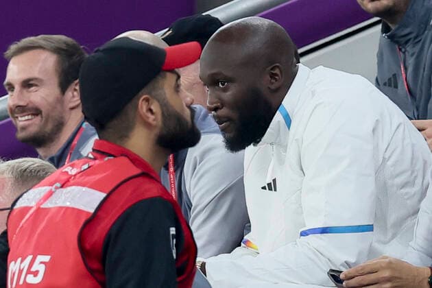 Belgium s Romelu Lukaku sits in the stands during a soccer game between Belgium s national team, Nationalteam the Red Devils and Canada, in Group F of the FIFA 2022 World Cup in Al Rayyan, State of Qatar on Wednesday 23 November 2022. BRUNOxFAHY  x53226157x