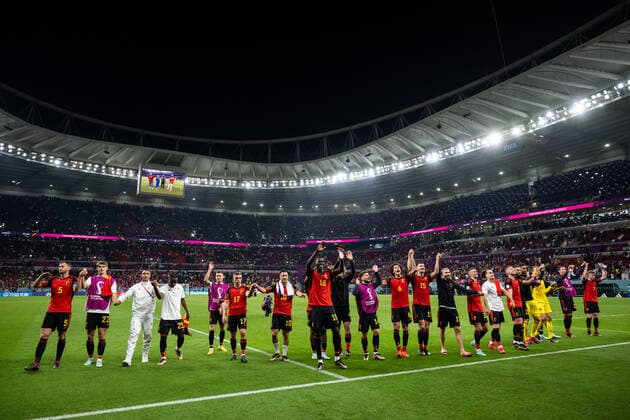 221123 Players of Belgium celebrate after the FIFA World Cup 2022 football match between Belgium and Canada on November 23, 2022 in Doha Photo Joel Marklund PHOTO AGENCY code JM JM0385 bbeng football football soccer fotball world cup football world cup football world cup 2022 fifa world cup 2022 belgium belgium canada canada cheers,  Copyright: JOELxMARKLUND BB221123JM158