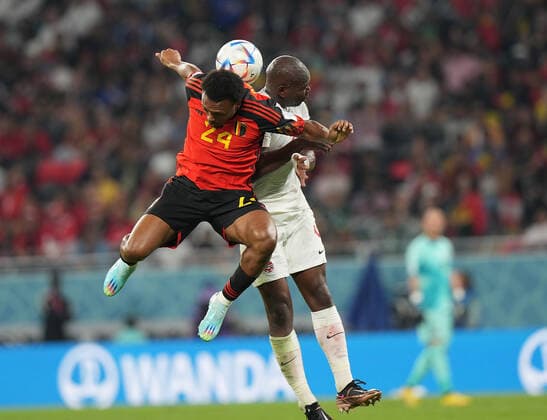 QAT, World Cup FIFA 2022, Group F, Belgium vs Canada 23 11 2022, Khalifa International Stadium, Doha, QAT, World Cup FIFA 2022, Group F, Belgium vs Canada, in picture Belgium s forward Lois Openda , Canada s defender Kamal Miller nordphotoxGmbHx xBratic nph00250