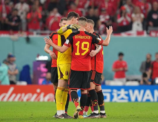 QAT, World Cup FIFA 2022, Group F, Belgium vs Canada 23 11 2022, Khalifa International Stadium, Doha, QAT, World Cup FIFA 2022, Group F, Belgium vs Canada, pictured Belgium s defender Toby Alderweireld, Belgium s defender Timothy Castagne and Belgium s midfielder Leander Dendoncker rejoice at victory nordphotoxGmbHx xBratic nph00250