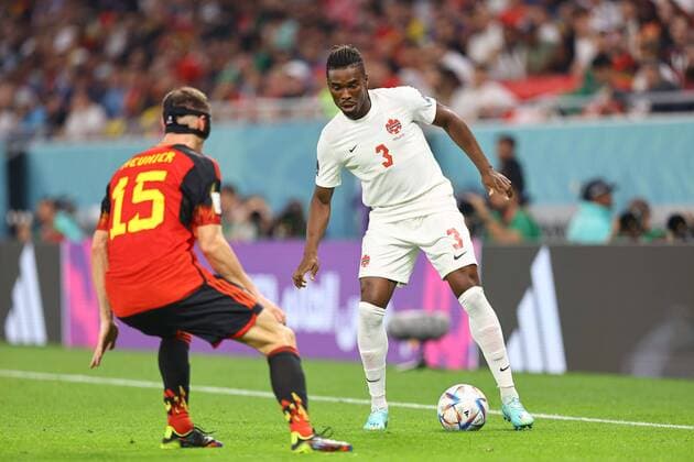 DOHA, QATAR - NOVEMBER 23: Sam Adekugbe during the FIFA World Cup, WM, Weltmeisterschaft, Fussball Qatar 2022 Group F match between Belgium and Canada at Ahmad Bin Ali Stadium on November 23, 2022 in Doha, Qatar. WCS 