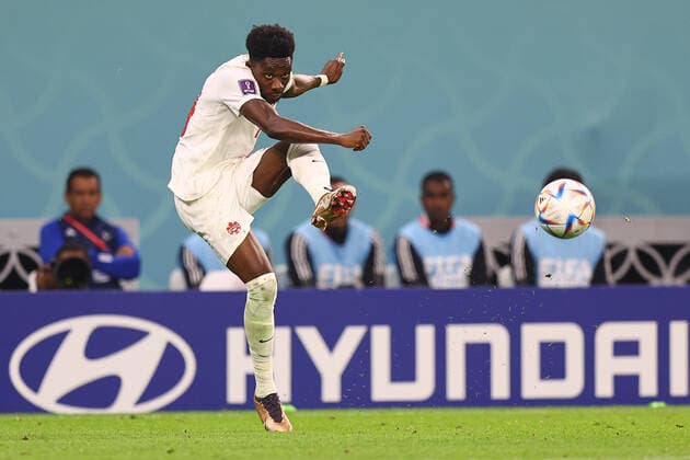 DOHA, QATAR - NOVEMBER 23: Alphonso Davies during the FIFA World Cup, WM, Weltmeisterschaft, Fussball Qatar 2022 Group F match between Belgium and Canada at Ahmad Bin Ali Stadium on November 23, 2022 in Doha, Qatar. WCS 