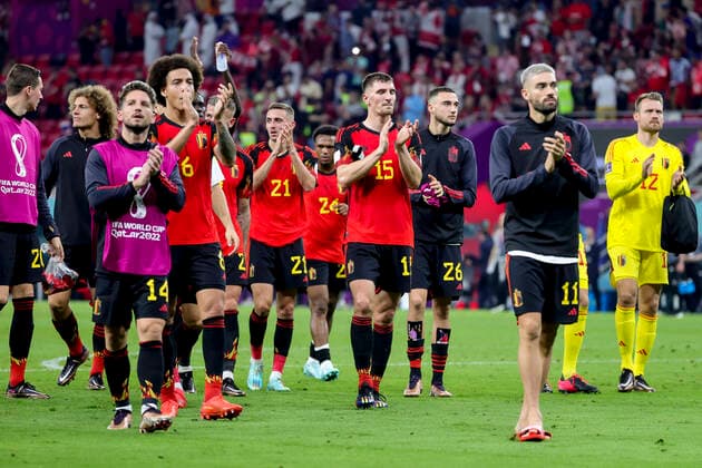 Belgium s Dries Mertens, Belgium s Axel Witsel, Belgium s Thomas Meunier and Belgium s Yannick Carrasco celebrate after winning a soccer game between Belgium s national team, Nationalteam the Red Devils and Canada, in Group F of the FIFA 2022 World Cup in Al Rayyan, State of Qatar on Wednesday 23 November 2022. VIRGINIExLEFOUR  x53229114x