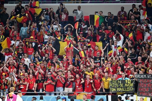 DOHA, QATAR - NOVEMBER 23 : Belgian supporters celebrating the victory after the FIFA World Cup, WM, Weltmeisterschaft, Fussball Qatar 2022 Groupe F match between Belgium and Canada at the Ahmad Bin Ali Stadium on November 23, 2022 in Doha, Qatar, 23 11 2022 ( Belgium v Canada - FIFA World Cup Qatar 2022 PhotoNews Panoramic 