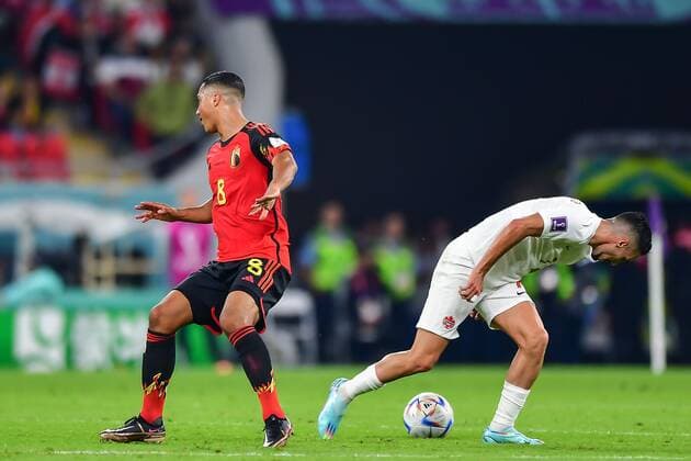 RECORD DATE NOT STATED FIFA World Cup, WM, Weltmeisterschaft, Fussball Qatar 2022 Belgium vs Canada (L-R), Youri Tielemans of Belgium and Stephen Eustaquio of Canada during the game Belgium vs Canada, Corresponding to Group F of the FIFA World Cup Qatar 2022, at Ahmad bin Ali Stadium, Al-Rayyan, November 23, 2022. <br><br> (I-D), Youri Tielemans de Belgica y Stephen Eustaquio de Canada durante el partido Belgica vs Canada, correspondiente al Grupo F de la Copa Mundial de la FIFA Qatar 2022, en el Estadio Ahmad bin Ali, Al-Rayyan, 23 de noviembre de 2022. AL RAYYAN DOHA QATAR Copyright: xIsaacxOrtizx 20221123_8482