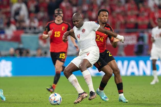 RECORD DATE NOT STATED FIFA World Cup, WM, Weltmeisterschaft, Fussball Qatar 2022 Belgium 1-0 Canada (L-R), Kamal Miller of Canada and Lois Openda of Belgium during the game Belgium vs Canada, Corresponding to Group F of the FIFA World Cup Qatar 2022, at Ahmad bin Ali Stadium, Al-Rayyan, November 23, 2022. <br><br> (I-D), Kamal Miller de Canada y Lois Openda de Belgica durante el partido Belgica vs Canada, correspondiente al Grupo F de la Copa Mundial de la FIFA Qatar 2022, en el Estadio Ahmad bin Ali, Al-Rayyan, 23 de noviembre de 2022. AL RAYYAN DOHA QATAR Copyright: xDavidxLeahx 20221123_8593