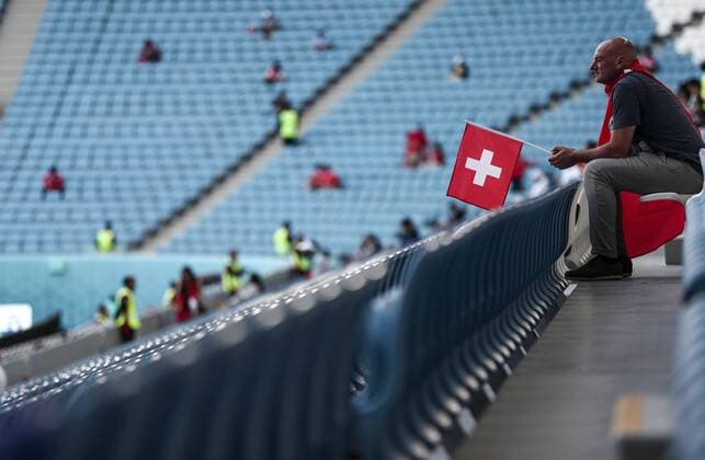Mandatory Credit: Photo by Michael Zemanek Shutterstock (13626504a) A Switzerland fan inside the stadium Switzerland v Cameroon, FIFA World Cup, WM, Weltmeisterschaft, Fussball 2022, Group G, Football, Al Janoub Stadium, Al Wakrah, Qatar - 24 Nov 2022 Editorial Use Only Switzerland v Cameroon, FIFA World Cup 2022, Group G, Football, Al Janoub Stadium, Al Wakrah, Qatar - 24 Nov 2022 Editorial Use Only  Copyright: xMichaelxZemanek Shutterstockx 13626504a