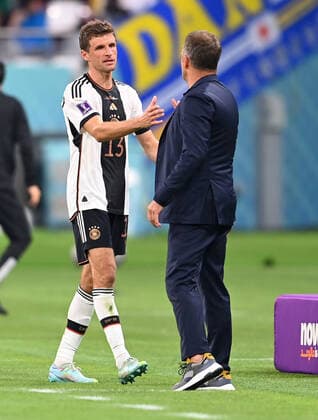 FOOTBALL World Cup 2022 PRE-ROUND GROUP C Germany Japan 23 11 2022 Thomas Mueller left and national coach Hansi Flick right, both Germany