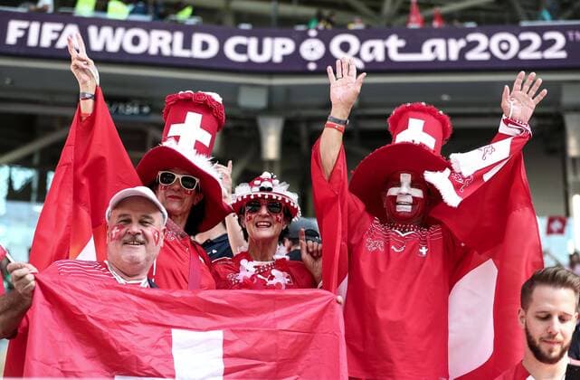 Mandatory Credit: Photo by Michael Zemanek Shutterstock (13626504w) Switzerland fans Switzerland v Cameroon, FIFA World Cup, WM, Weltmeisterschaft, Fussball 2022, Group G, Football, Al Janoub Stadium, Al Wakrah, Qatar - 24 Nov 2022 Editorial Use Only Switzerland v Cameroon, FIFA World Cup 2022, Group G, Football, Al Janoub Stadium, Al Wakrah, Qatar - 24 Nov 2022 Editorial Use Only  Copyright: xMichaelxZemanek Shutterstockx 13626504w