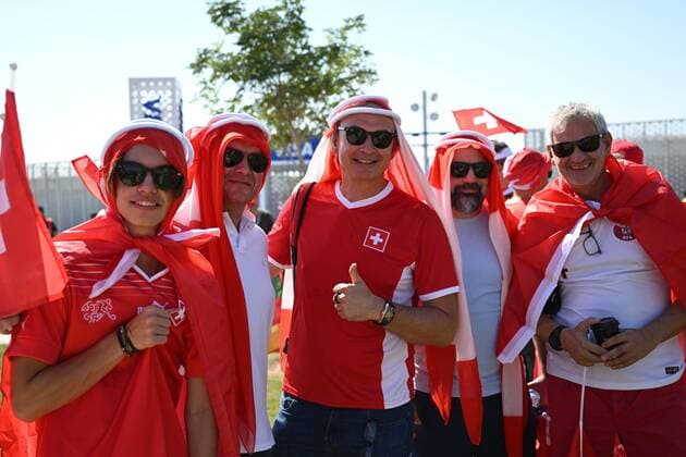 Qatar Soccer World Cup Switzerland - Cameroon 8323395 24.11.2022 Switzerland s fans pose for a photo before the start of the Qatar 2022 World Cup Group G soccer match between Switzerland and Cameroon at the Al Janoub Stadium in Al Wakrah, Qatar. Grigory Sysoev Sputnik Al Wakrah Qatar  Copyright: xGrigoryxSysoevx