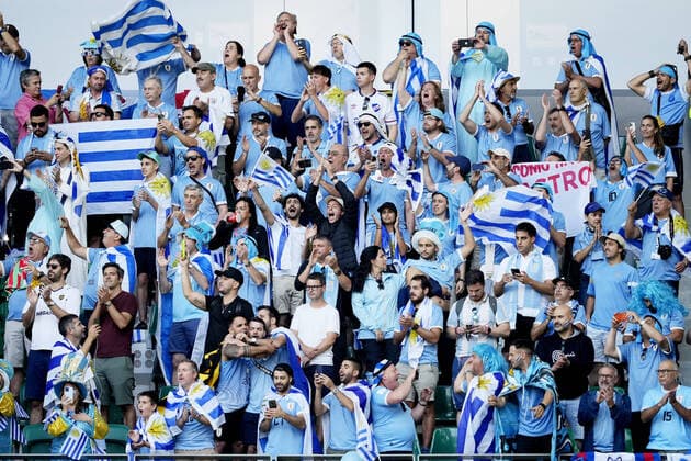 Mandatory Credit: Photo by Dave Shopland Shutterstock (13626521u) Uruguay fans seen in the stands. Uruguay v Korea Republic, FIFA World Cup, WM, Weltmeisterschaft, Fussball 2022, Group H, Football, Education City Stadium, Doha, Qatar - 24 Nov 2022 Editorial Use Only Uruguay v Korea Republic, FIFA World Cup 2022, Group H, Football, Education City Stadium, Doha, Qatar - 24 Nov 2022 Editorial Use Only  Copyright: xDavexShopland Shutterstockx 13626521u