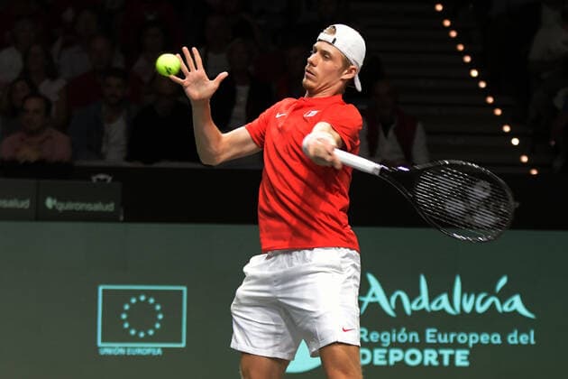 MALAGA, SPAIN - NOVEMBER 24: Denis Shapovalov during the Davis Cup by Rakuten Finals 2022 quarter-finals match between Germany and Canada at Palacio de los Deportes Jose Maria Martin Carpena on November 24, 2022 in Malaga, Spain Copyright: xAndreaxRositox DSC_7747