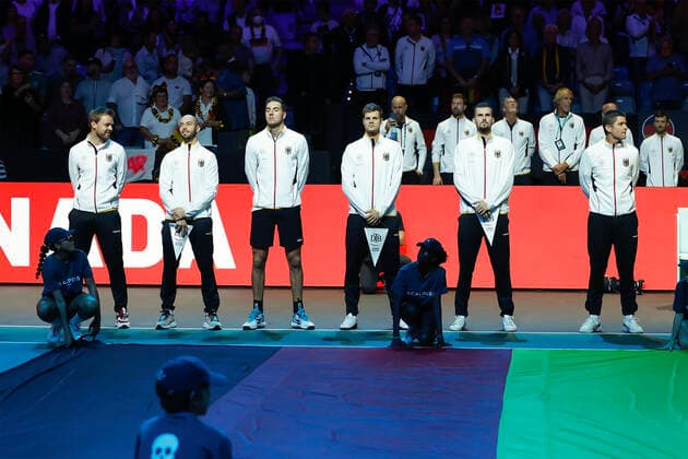 Opening Ceremony Team Germany , R L Captain Michael Kohlmann ,Oscar Otte,Yannick Hanfmann ,Jan Lennard Struff,Tim Puetz and Kevin Krawietz ,Davis Cup Finals 2022, Palacio de Deportes JosÃ Copyright: xJuergenxHasenkopfx