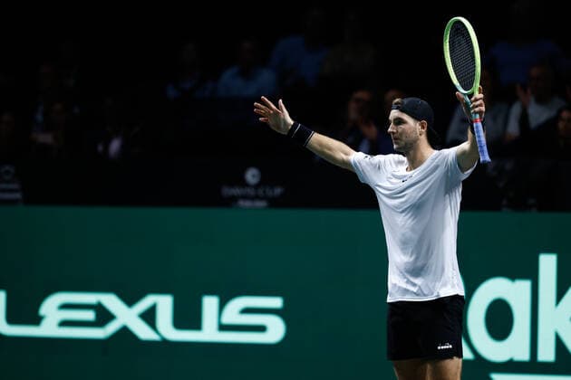November 24, 2022, MALAGA, MADRID, SPAIN: Jan-Lennard Struff of Germany celebrates the victory against Denis Shapovalov of Canada during the first tennis match from Davis Cup Finals 2022, Quarter-Finals round, played between Germany and Canada at Palacio de Deportes Martin Carpena pavilion on november 24, 2022, in Malaga, Spain. MALAGA SPAIN - ZUMAa181 20221124_zaa_a181_134 Copyright: xOscarxJ.xBarrosox