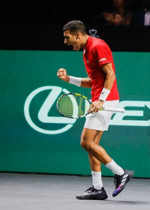 Felix Auger Aliassime CAN makes fist and cheers,Cheers,Joy,Emotion, Davis Cup Finals 2022, Palacio de Deportes Josà Copyright: xJuergenxHasenkopfx