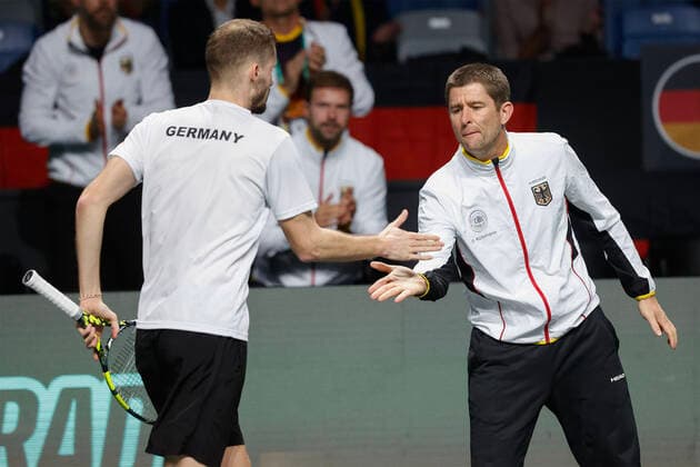 Oscar Otte GER and Captain Michael Kohlmann GER , Davis Cup Finals 2022, Palacio de Deportes JosÃ Copyright: xJuergenxHasenkopfx