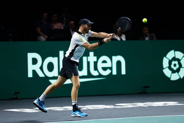 November 24, 2022, MALAGA, MADRID, SPAIN: Kevin Krawietz and Tim Puetz of Germany play doubles against Vasek Pospisil and Denis Shapovalov of Canada during the third doubles tennis match from Davis Cup Finals 2022, Quarter-Finals round, played between Germany and Canada at Palacio de Deportes Martin Carpena pavilion on november 24, 2022, in Malaga, Spain. MALAGA SPAIN - ZUMAa181 20221124_zaa_a181_180 Copyright: xOscarxJ.xBarrosox