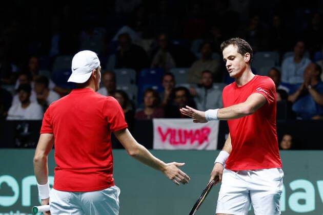 November 24, 2022, MALAGA, MADRID, SPAIN: Vasek Pospisil and Denis Shapovalov of Canada play doubles against Kevin Krawietz and Tim Puetz of Germany during the third doubles tennis match from Davis Cup Finals 2022, Quarter-Finals round, played between Germany and Canada at Palacio de Deportes Martin Carpena pavilion on november 24, 2022, in Malaga, Spain. MALAGA SPAIN - ZUMAa181 20221124_zaa_a181_187 Copyright: xOscarxJ.xBarrosox