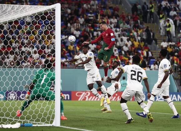 Mandatory Credit: Photo by Michael Zemanek Shutterstock (13626528dp) Cristiano Ronaldo of Portugal heads Portugal v Ghana, FIFA World Cup, WM, Weltmeisterschaft, Fussball 2022, Group H, Football, Stadium 974, Doha, Qatar - 24 Nov 2022 Editorial Use Only Portugal v Ghana, FIFA World Cup 2022, Group H, Football, Stadium 974, Doha, Qatar - 24 Nov 2022 Editorial Use Only Copyright: xMichaelxZemanek Shutterstockx 13626528dp